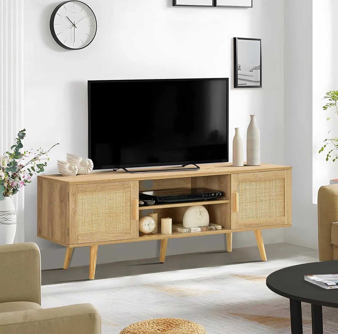 TV Stand with Rattan Doors