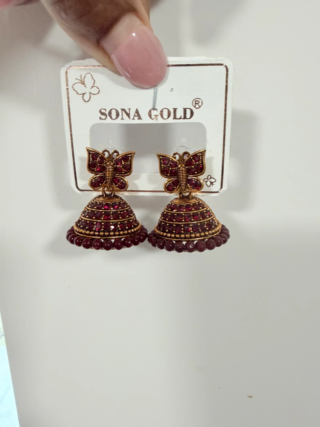 Sona Gold Butterfly Jhumka Earrings - Red - photo 3