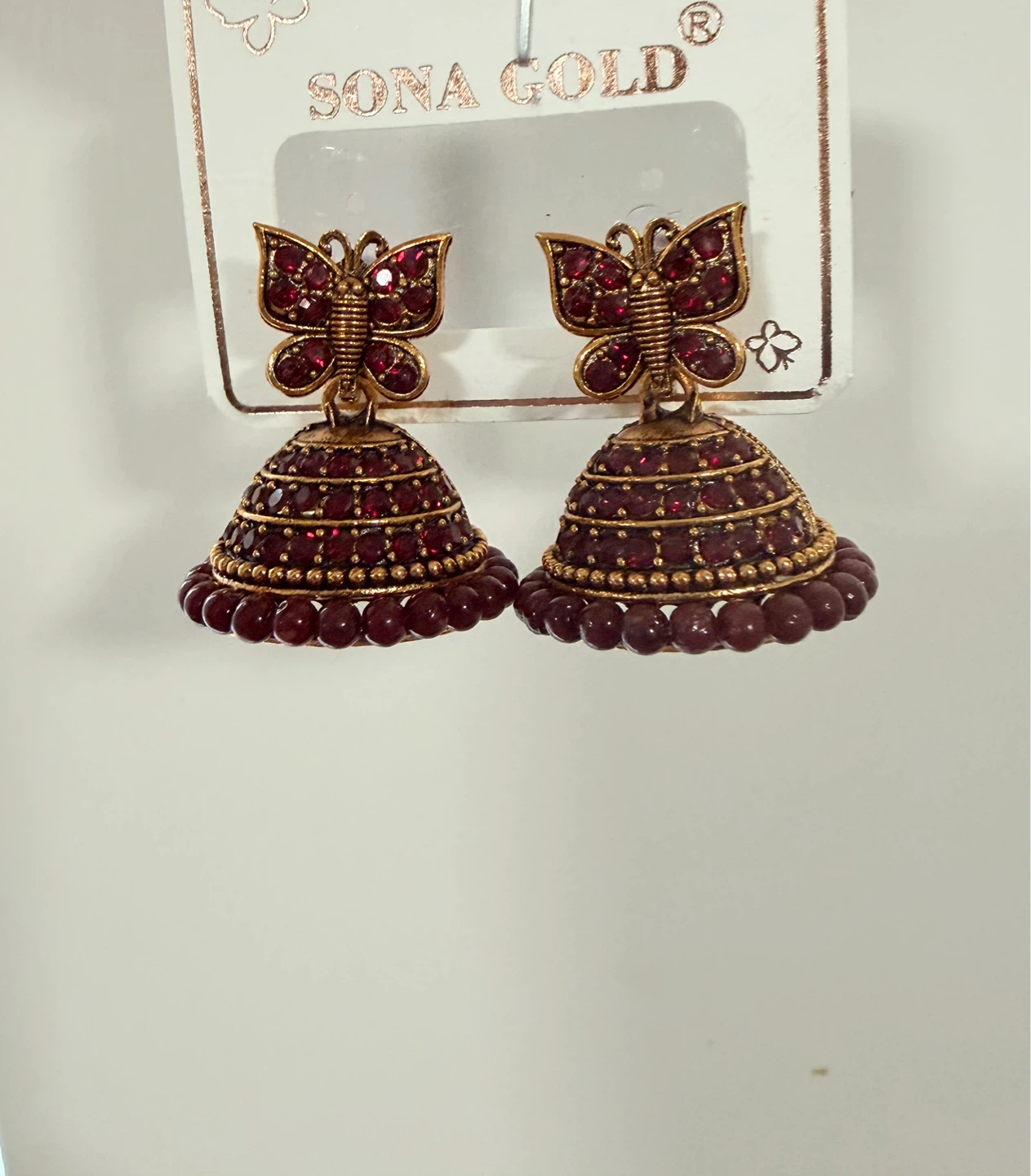 Sona Gold Butterfly Jhumka Earrings - Red