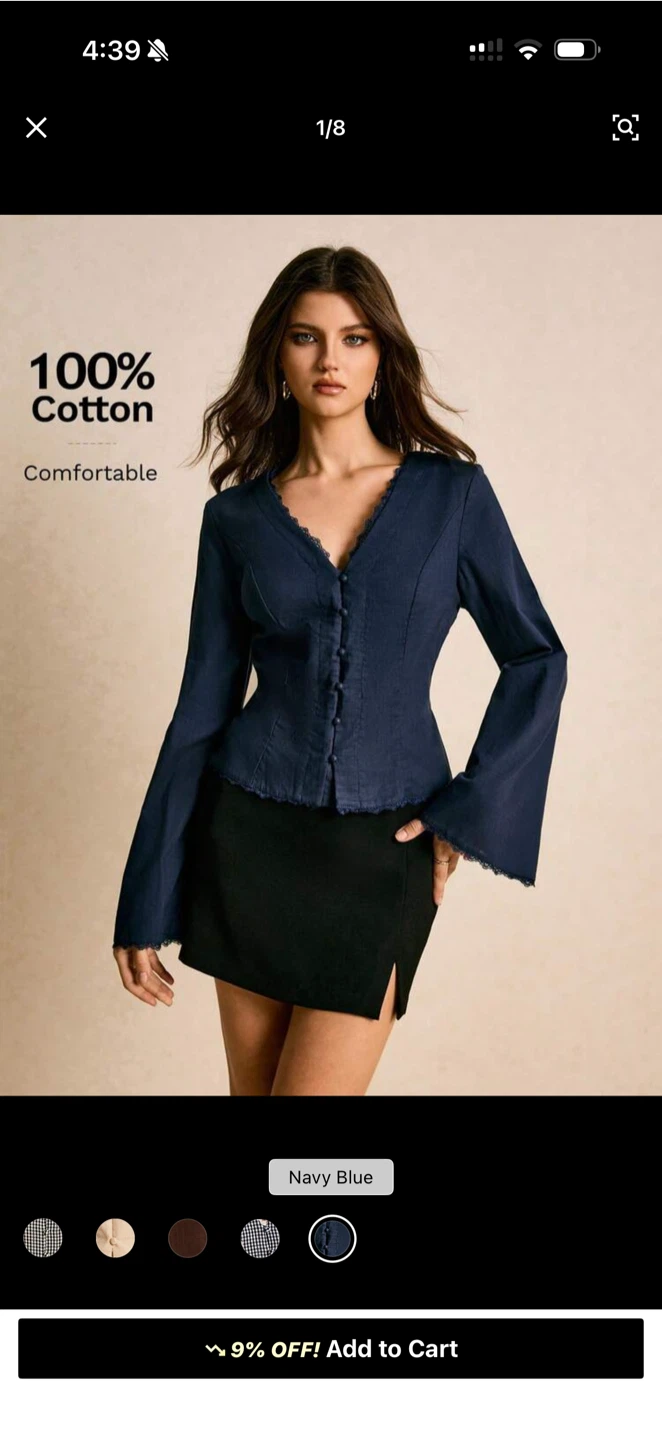 Navy Blue 100% Cotton Button-Up Top
