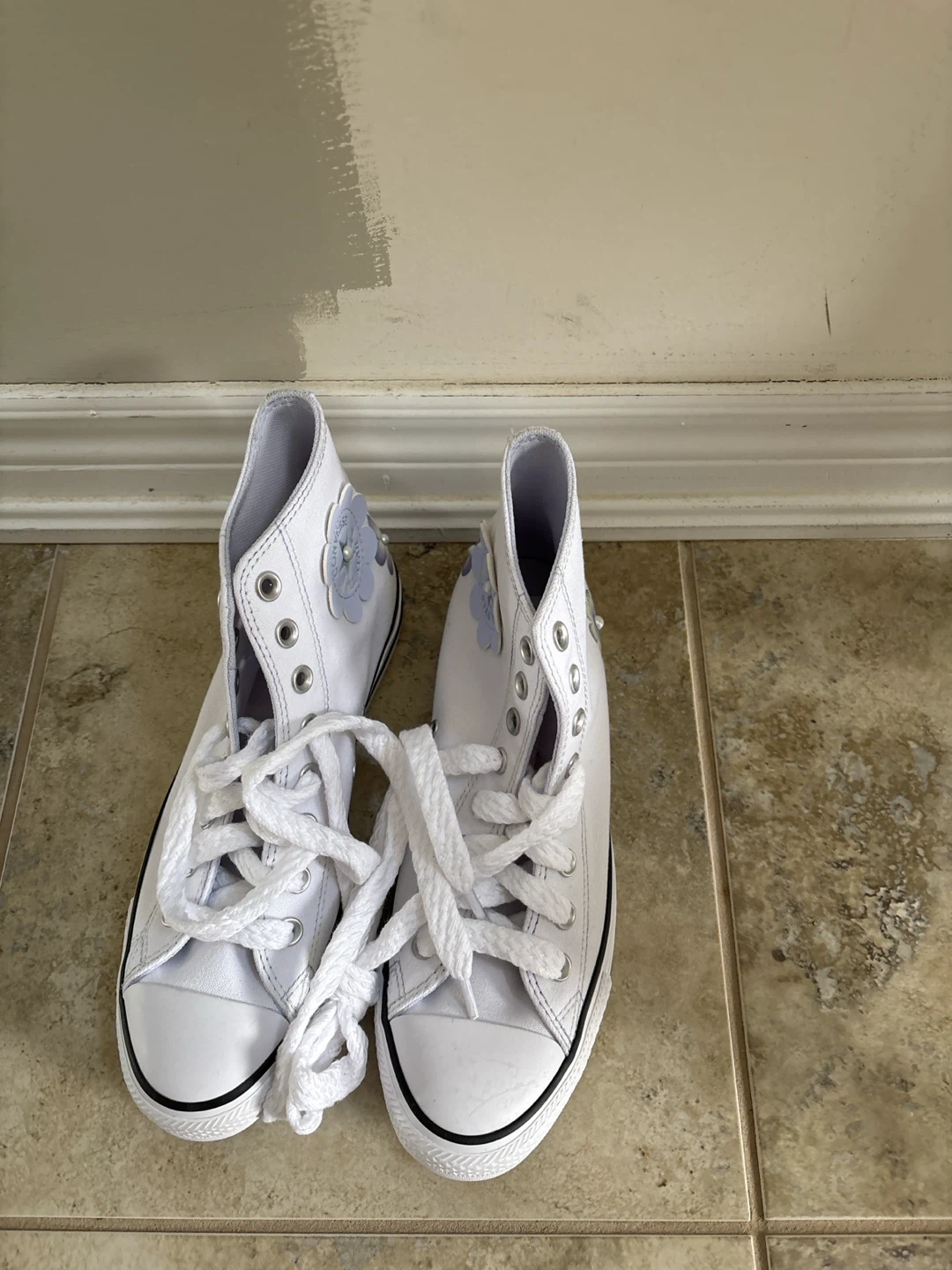 White Converse High Top Sneakers with Floral Embellishments