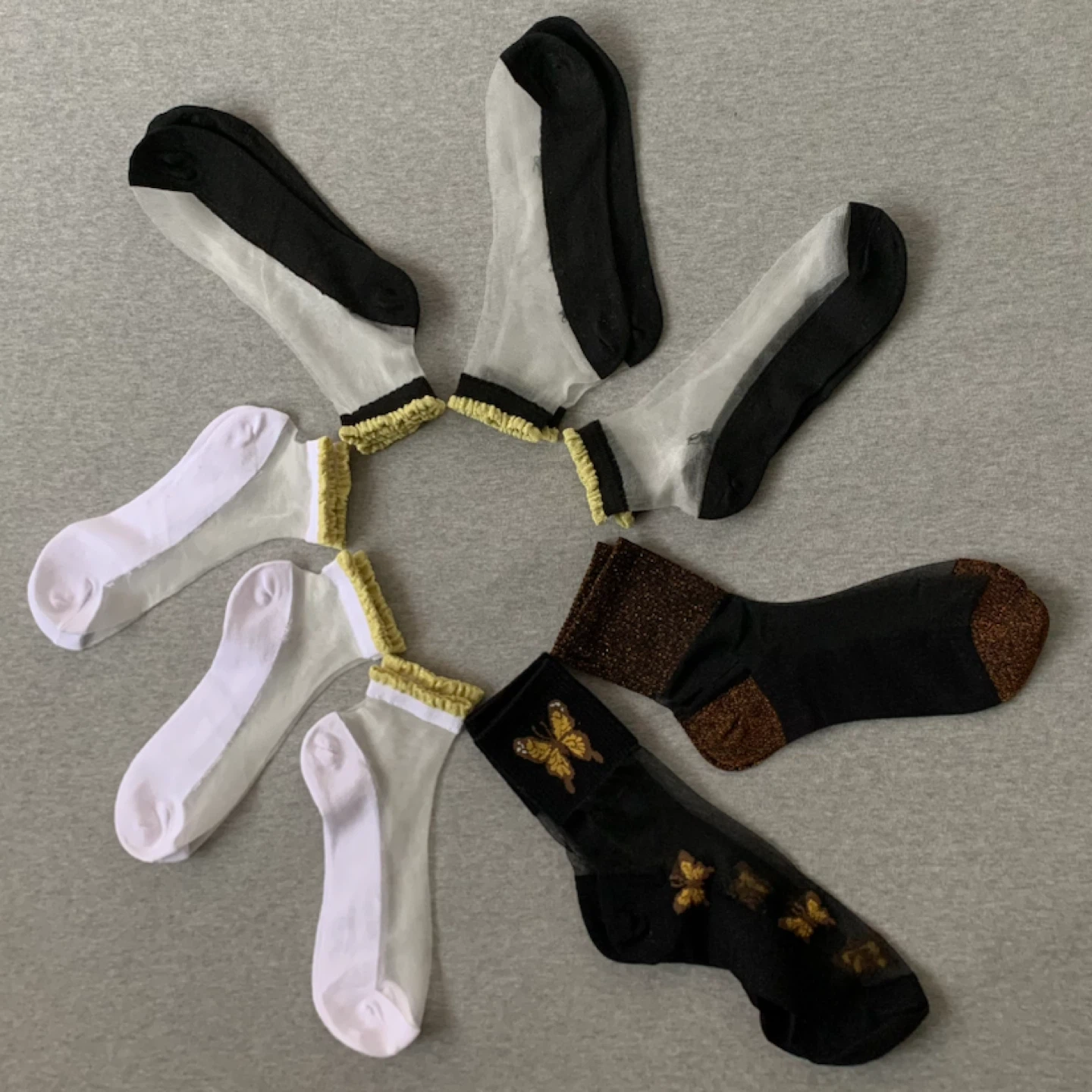 Sheer Top Black, White & Butterfly Socks (8 pairs)