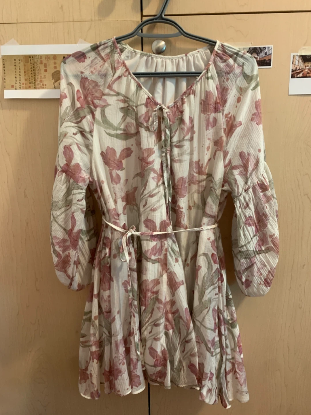Size S/M Boho Floral Chiffon Flowy Dress Lantern Sleeve