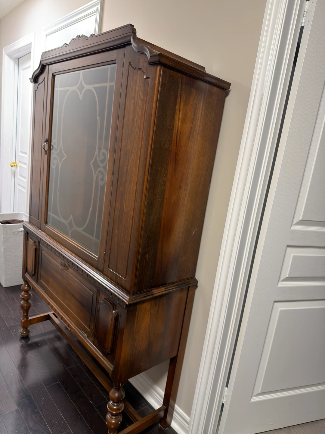 Antique Wooden China Cabinet with Glass Doors