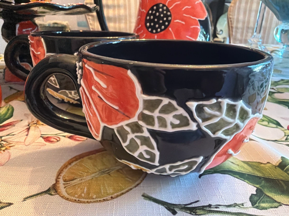 Ganz Black Ceramic Mug with Red Poppies Set - photo 2