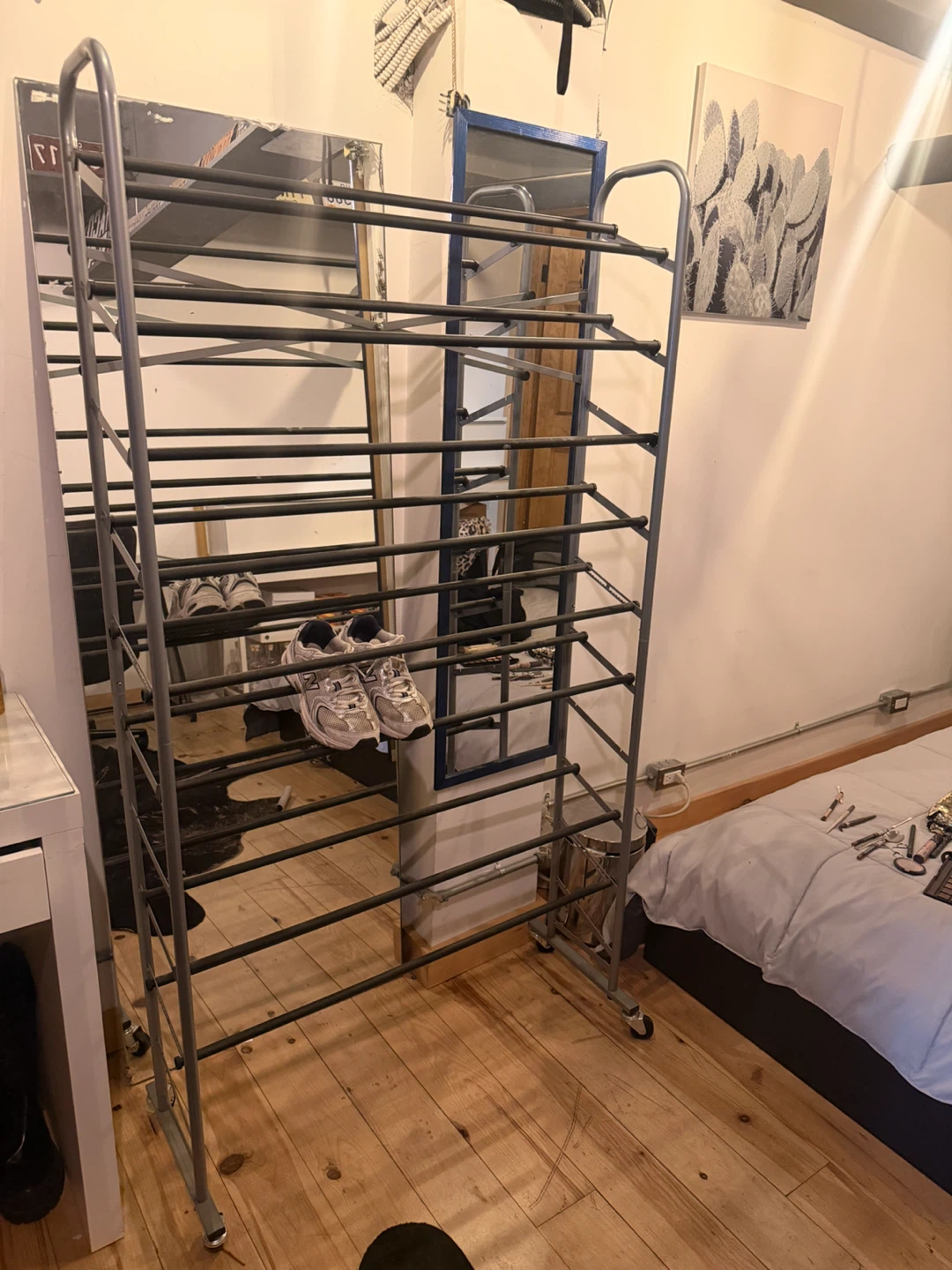 Grey Metal Multi-Tiered Shoe Rack with Wheels