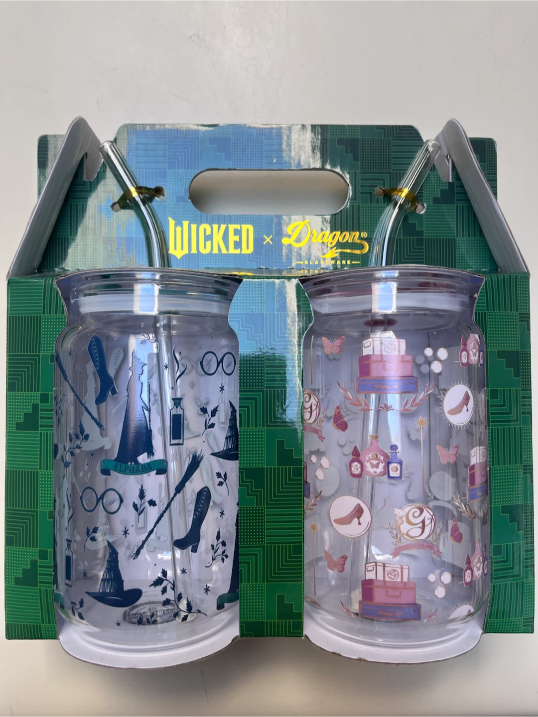 Brand new in box pair of Wicked tumblers with glass straws