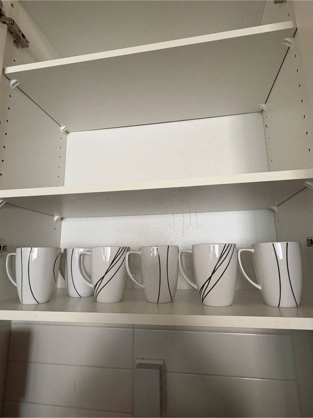 Set of 6 White Mugs with Black Stripe Design