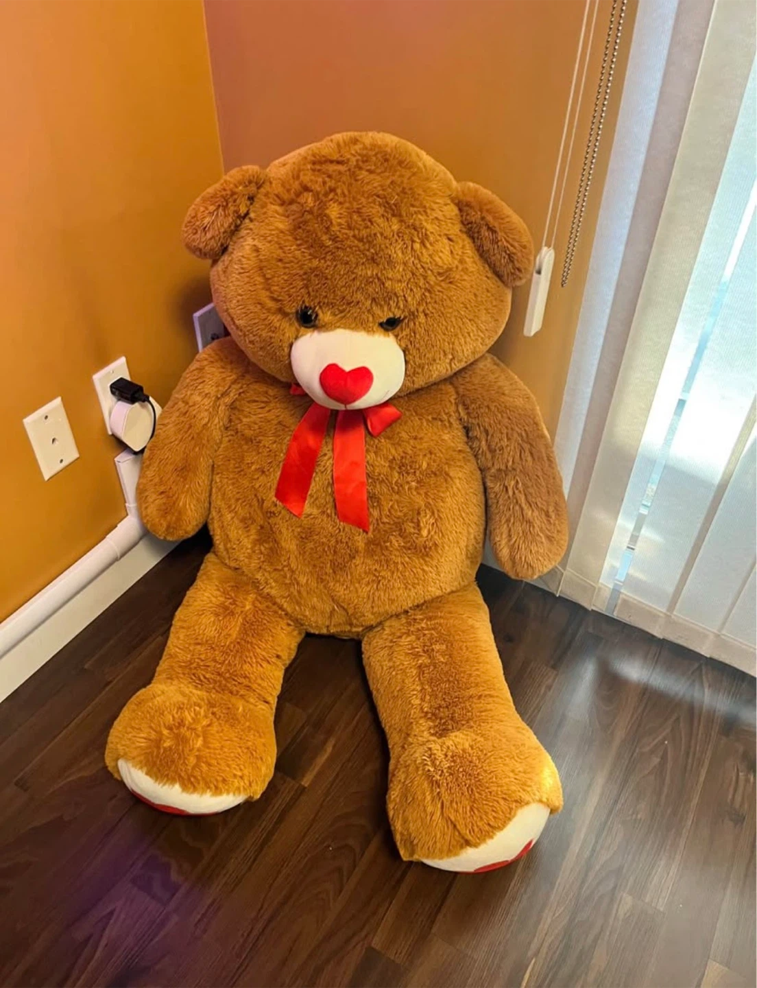 Giant Brown Teddy Bear with Red Bow