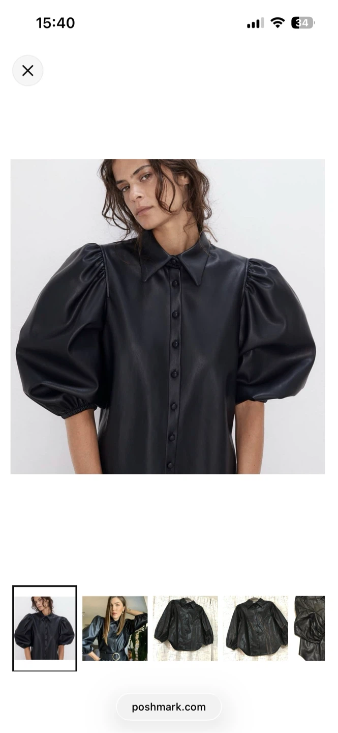 ZARA Faux Leather Black Shirt with Puff Sleeves