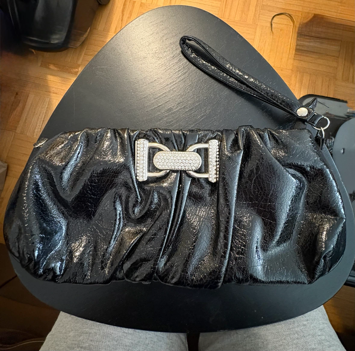 Black Patent Clutch with Rhinestone Buckle