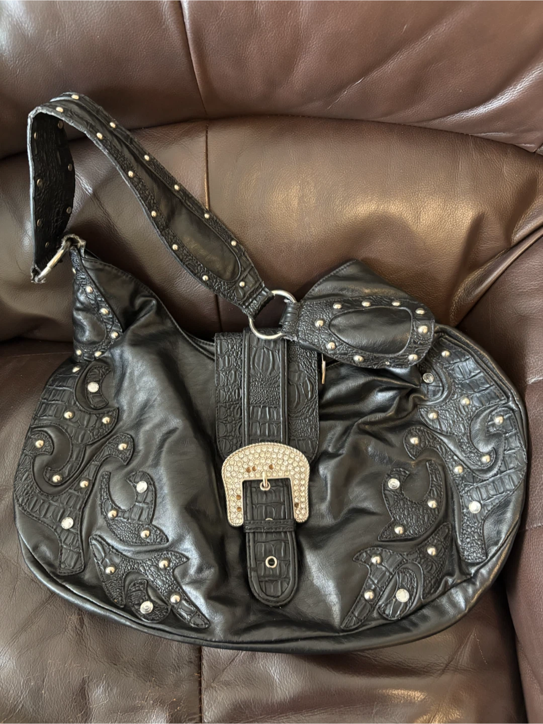 Black Studded Western Style Shoulder Bag