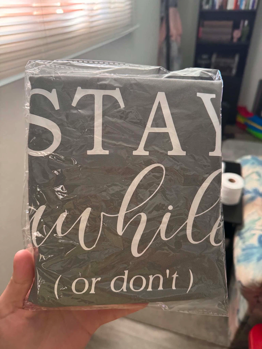 Throw pillow case "Stay Awhile (or don't)"