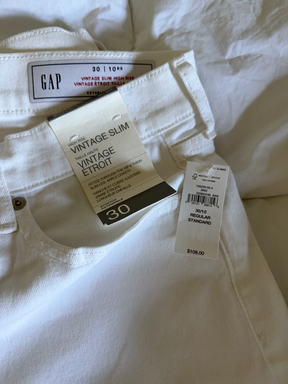 GAP Vintage Slim High Rise Jeans - White - Size 30