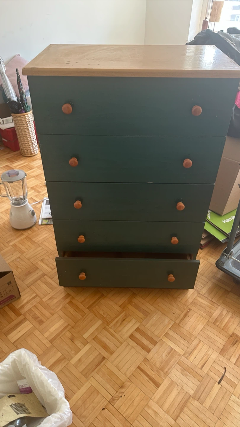 Green 5-Drawer Dresser with Wood Top