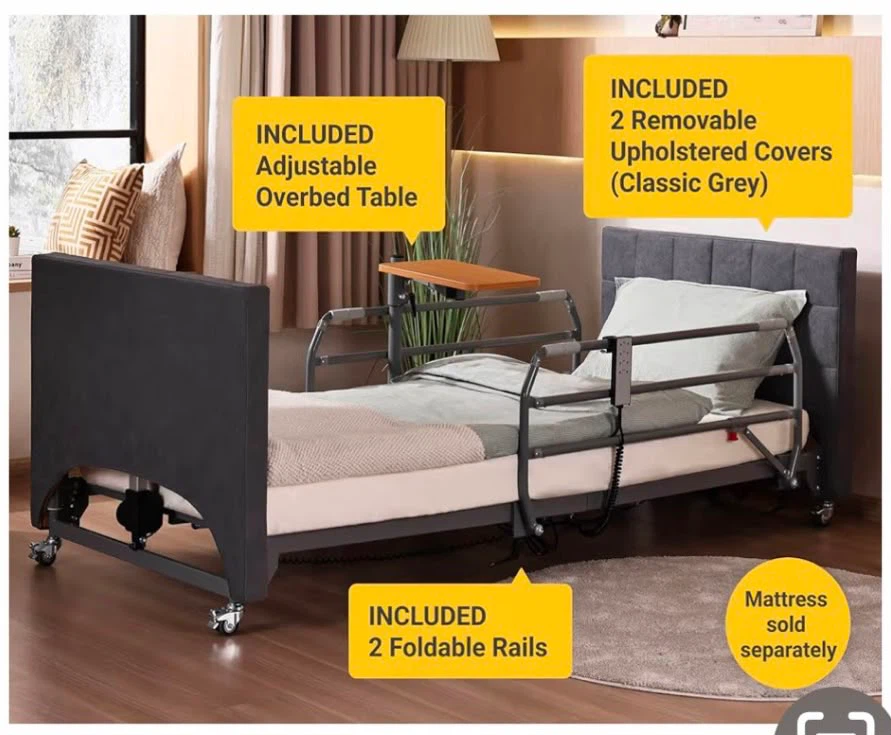 Bed with Overbed Table and Grey Covers