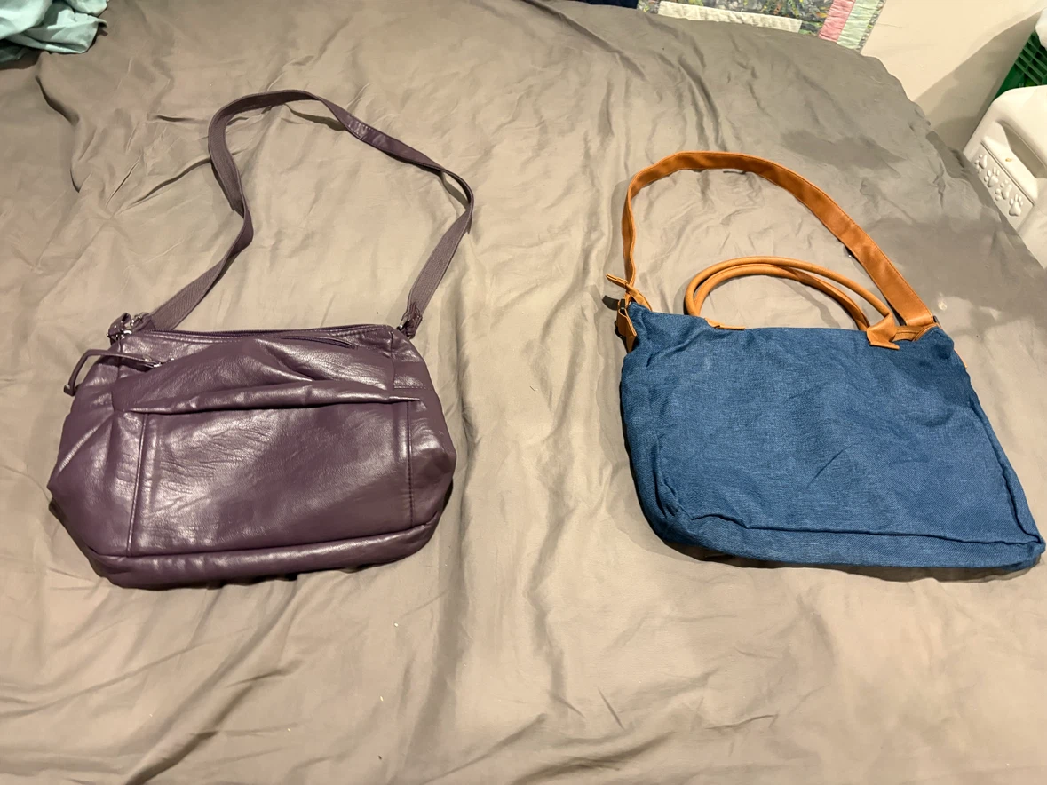 Purple Faux Leather Crossbody & Blue Denim Tote Bag