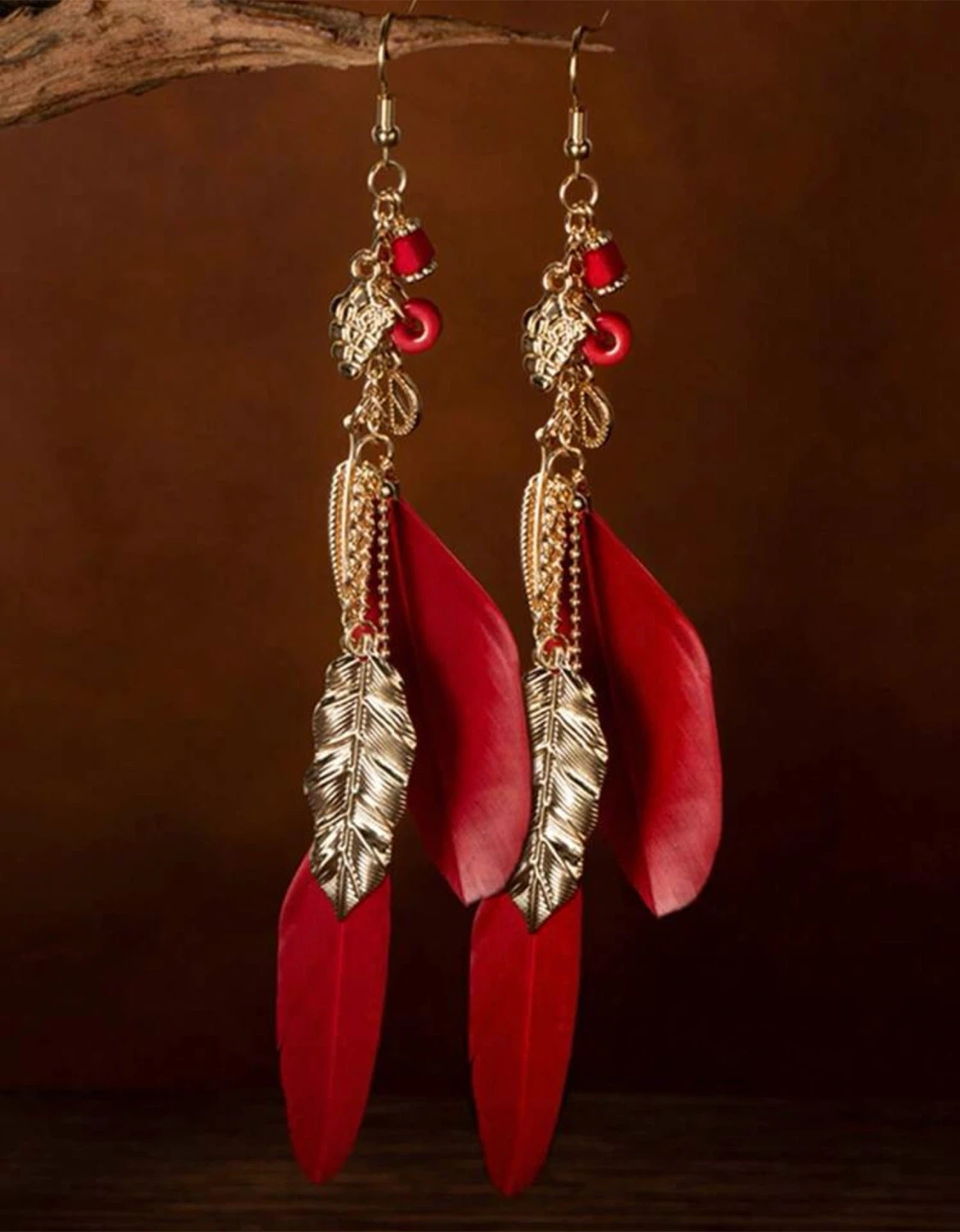 Red Feather Dangle Earrings