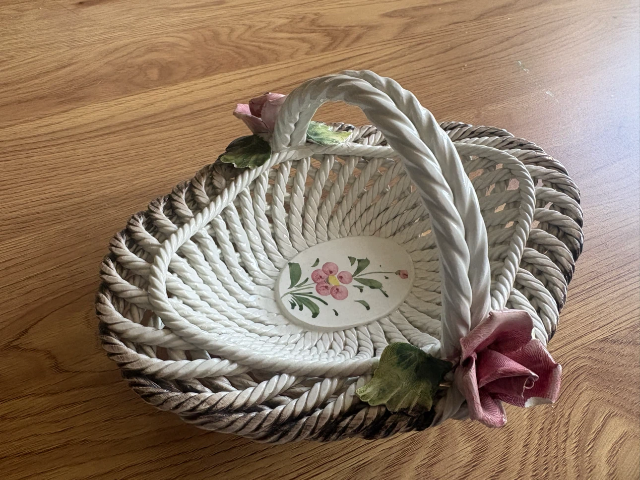 Capodimonte Ceramic Basket with Handle and Flowers