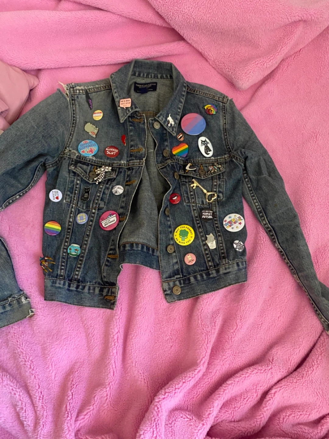 American Eagle Denim Jacket with enamel pins and patch