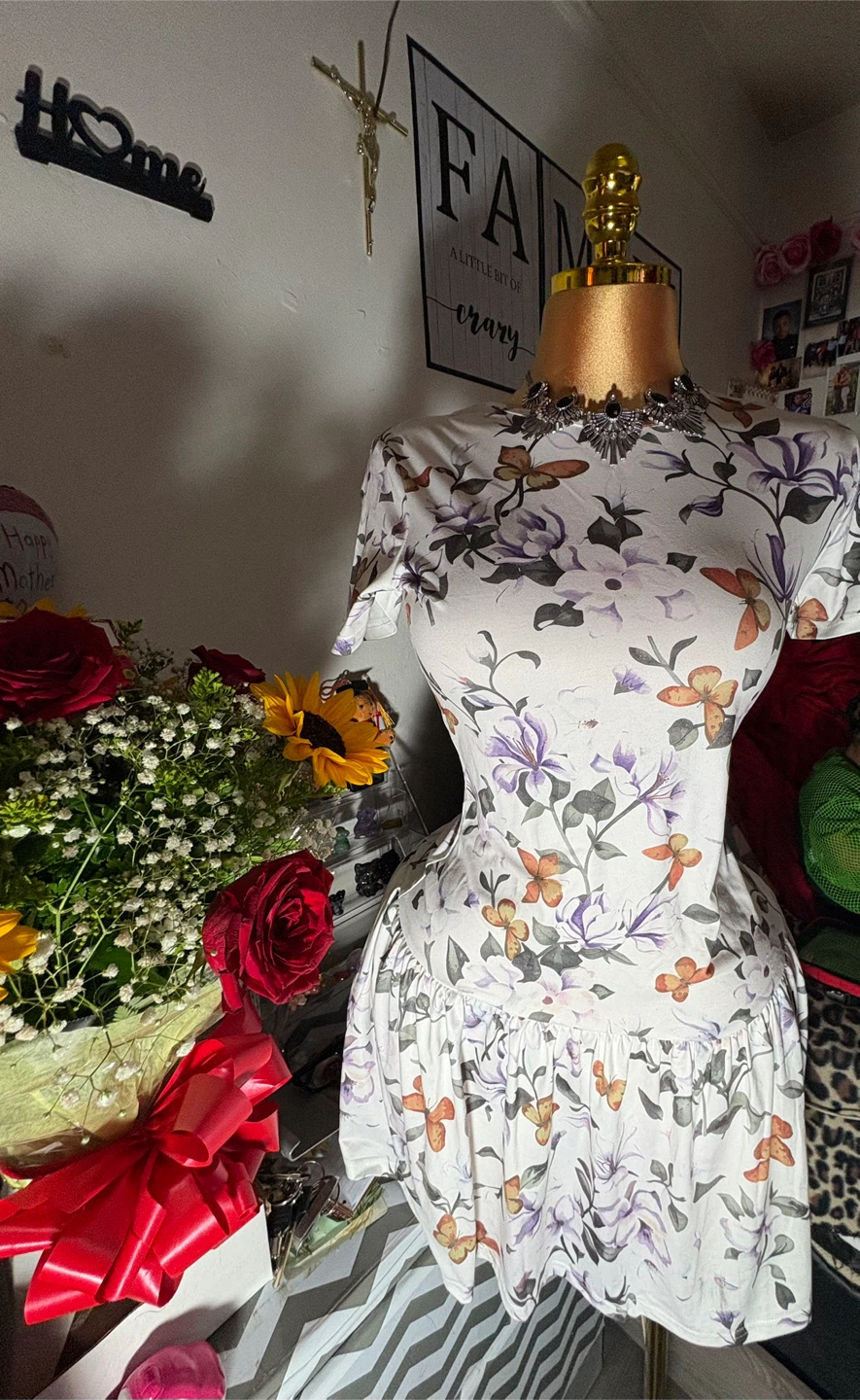 White Floral Print Flutter Sleeve Dress