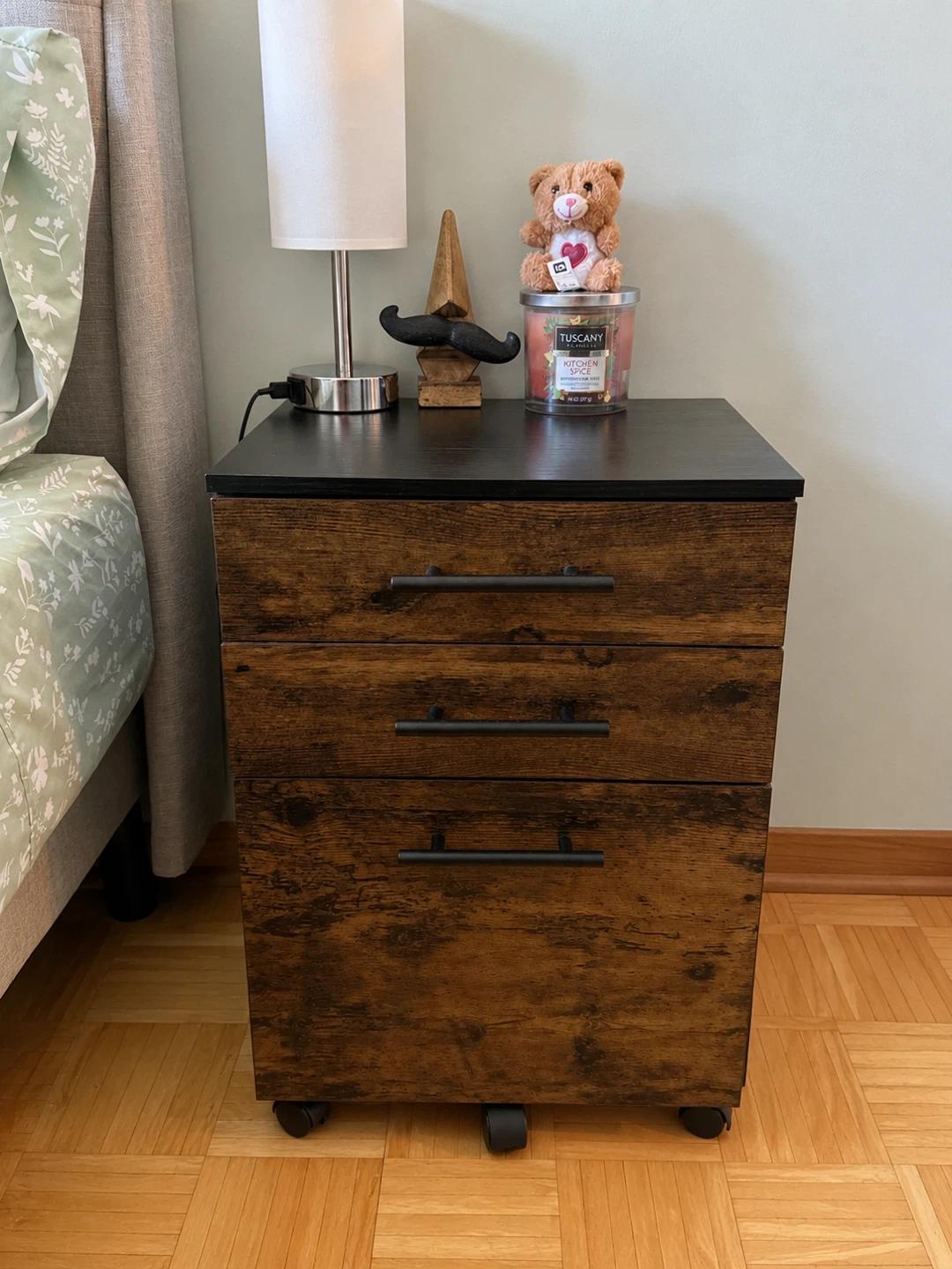 3-Drawer Nightstand with Wheels | Rustic Brown & Black