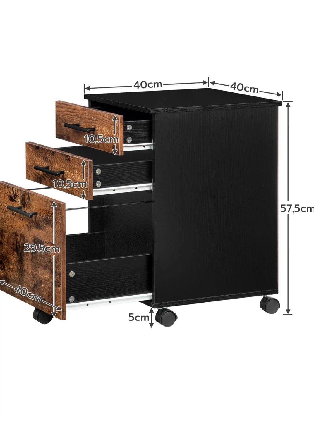 3-Drawer Nightstand with Wheels | Rustic Brown & Black - photo 4