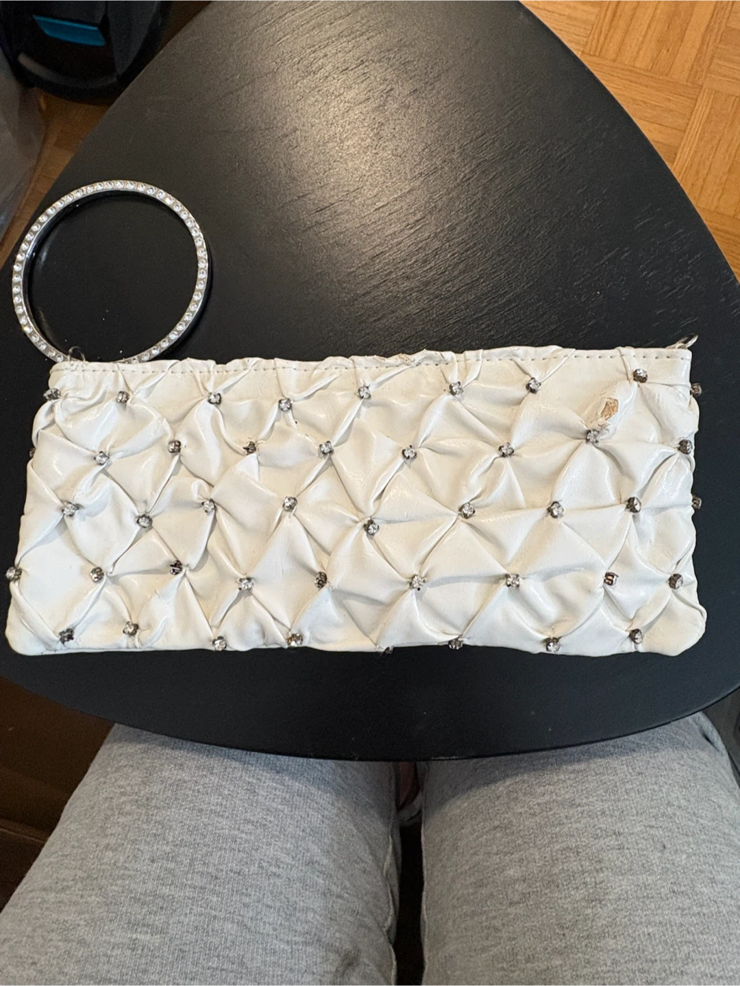 White Clutch with Rhinestones and Ring Handle