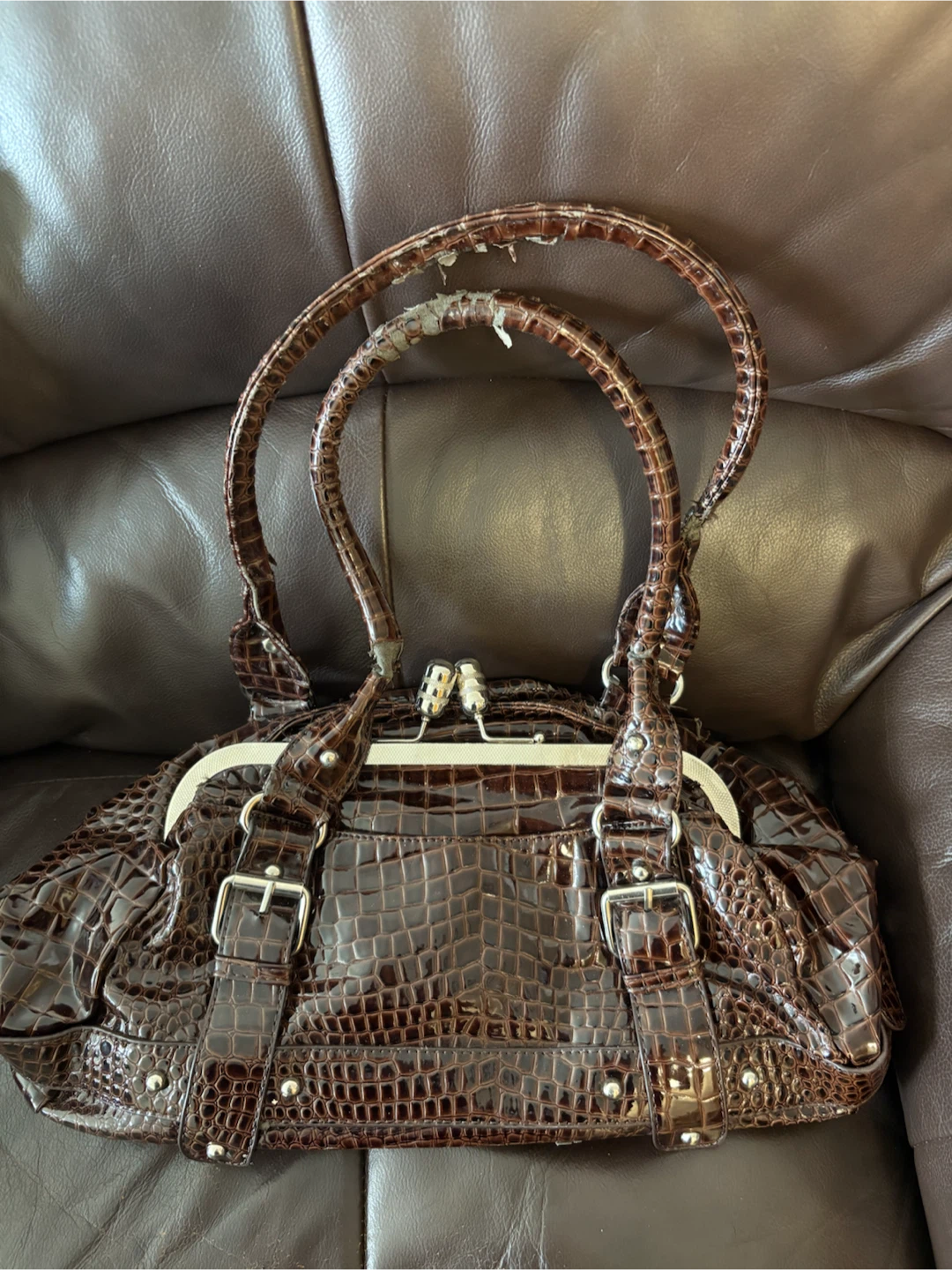 FREE Brown Croc-Embossed Handbag with Buckle Detail