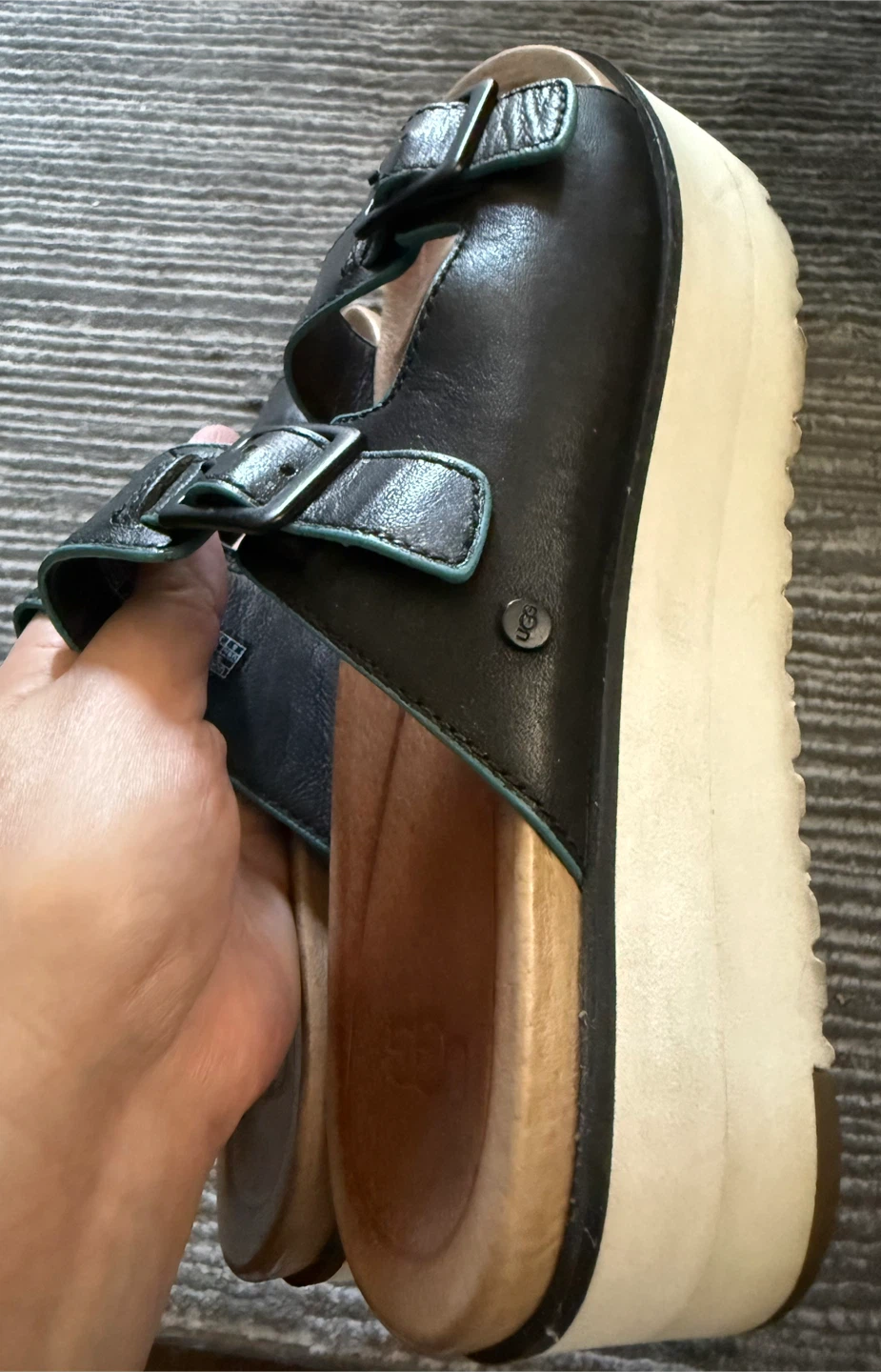 UGG Black Leather with Blue Accent Platform Sandals - photo 2