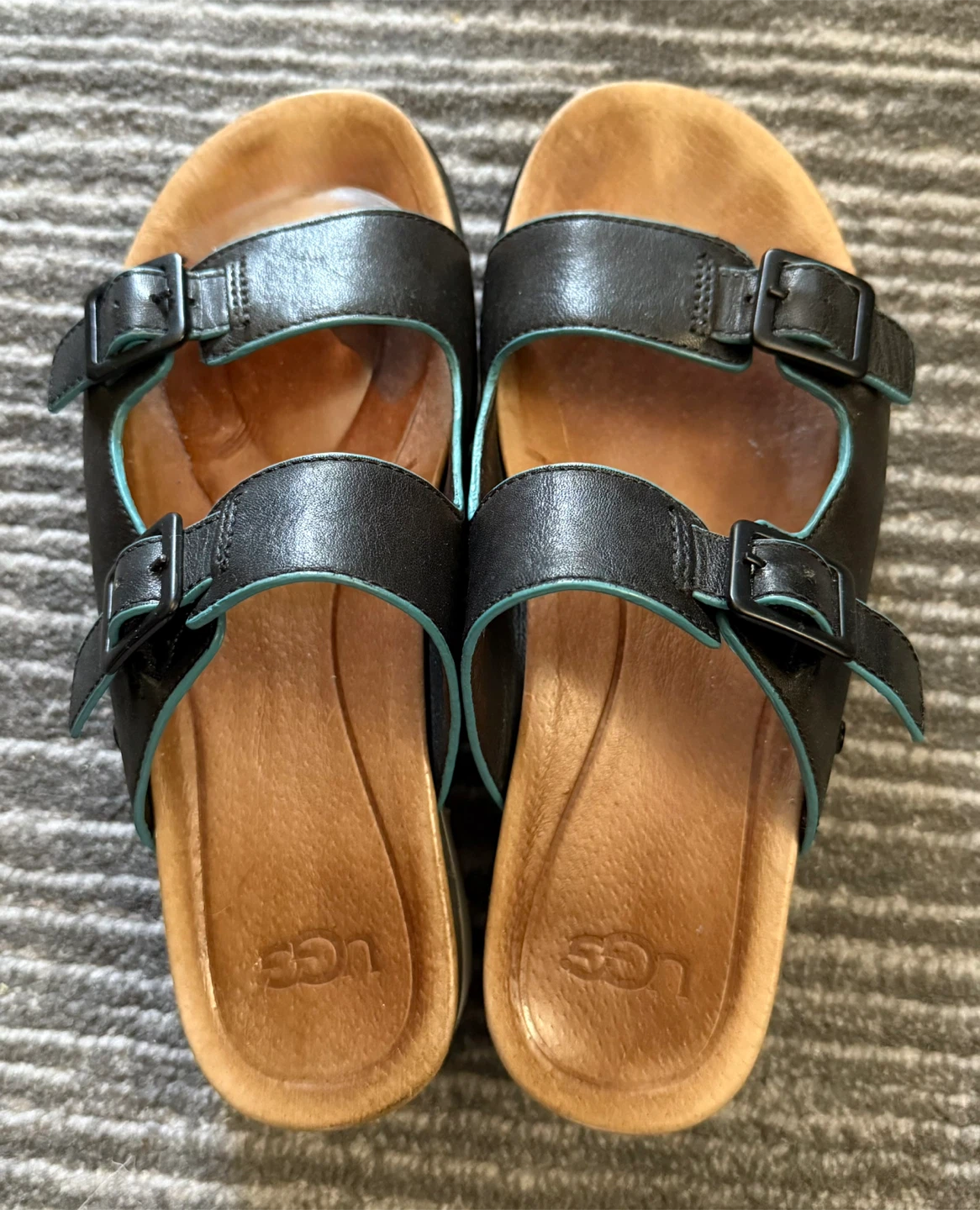 UGG Black Leather with Blue Accent Platform Sandals