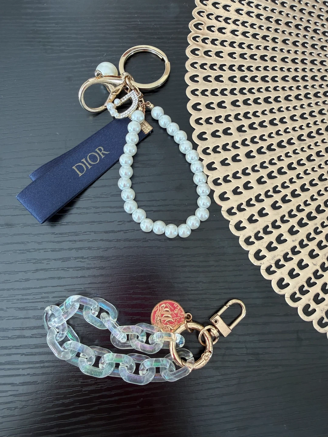 Dior Pearl and Chain Keychain/Bag Charm Set