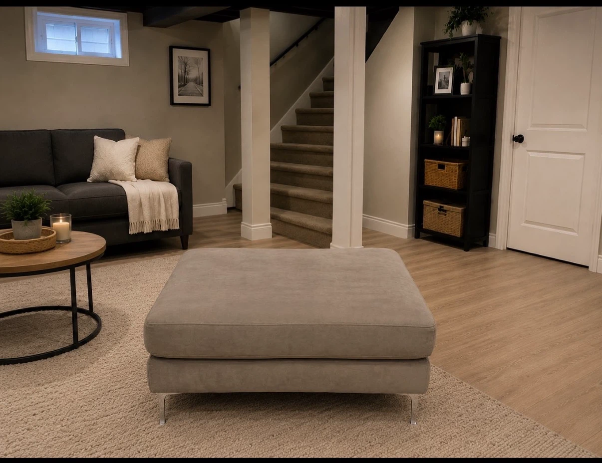 Grey Fabric Storage Ottoman