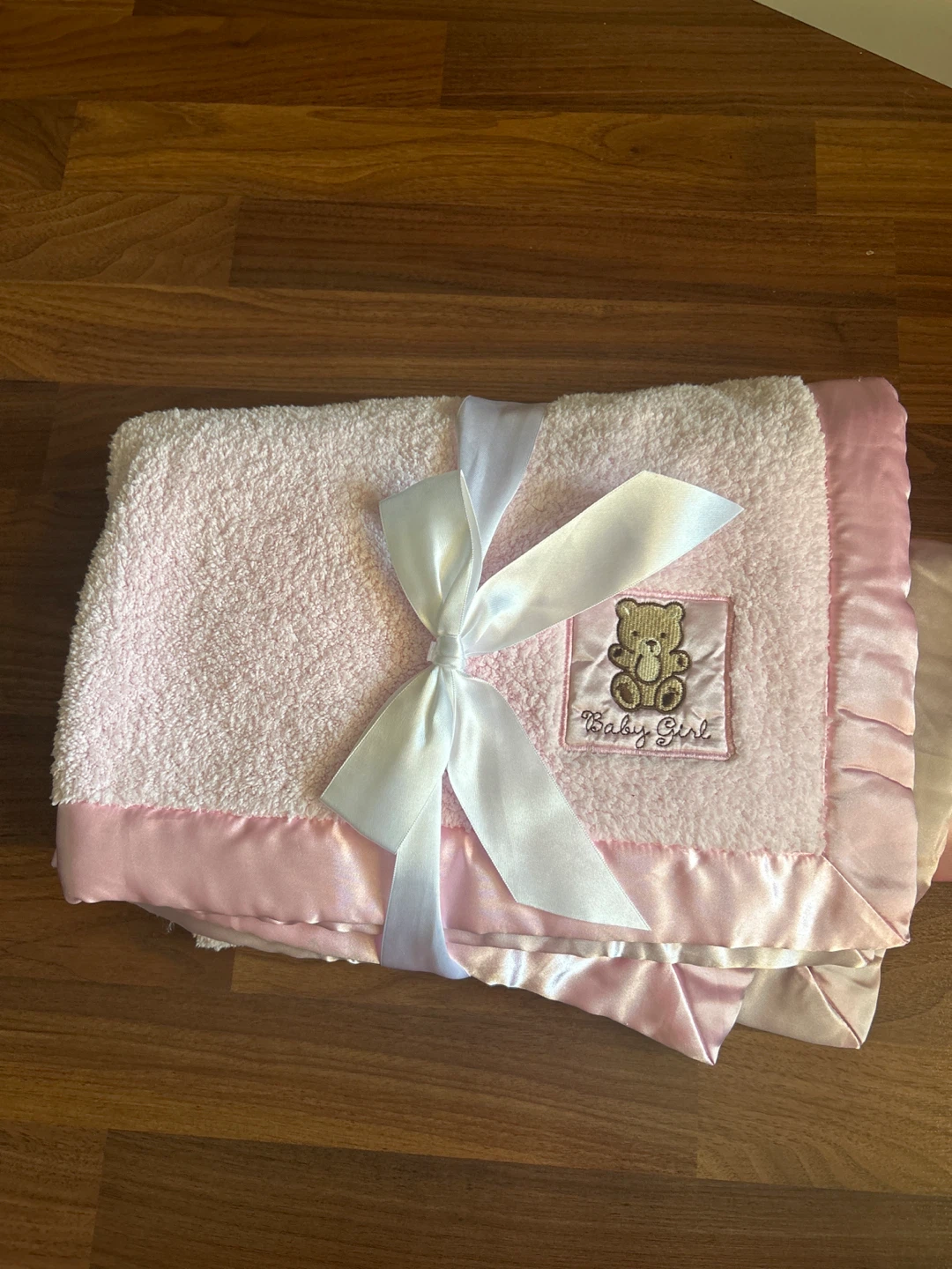 Pink Baby Blanket with Teddy Bear Embroidery