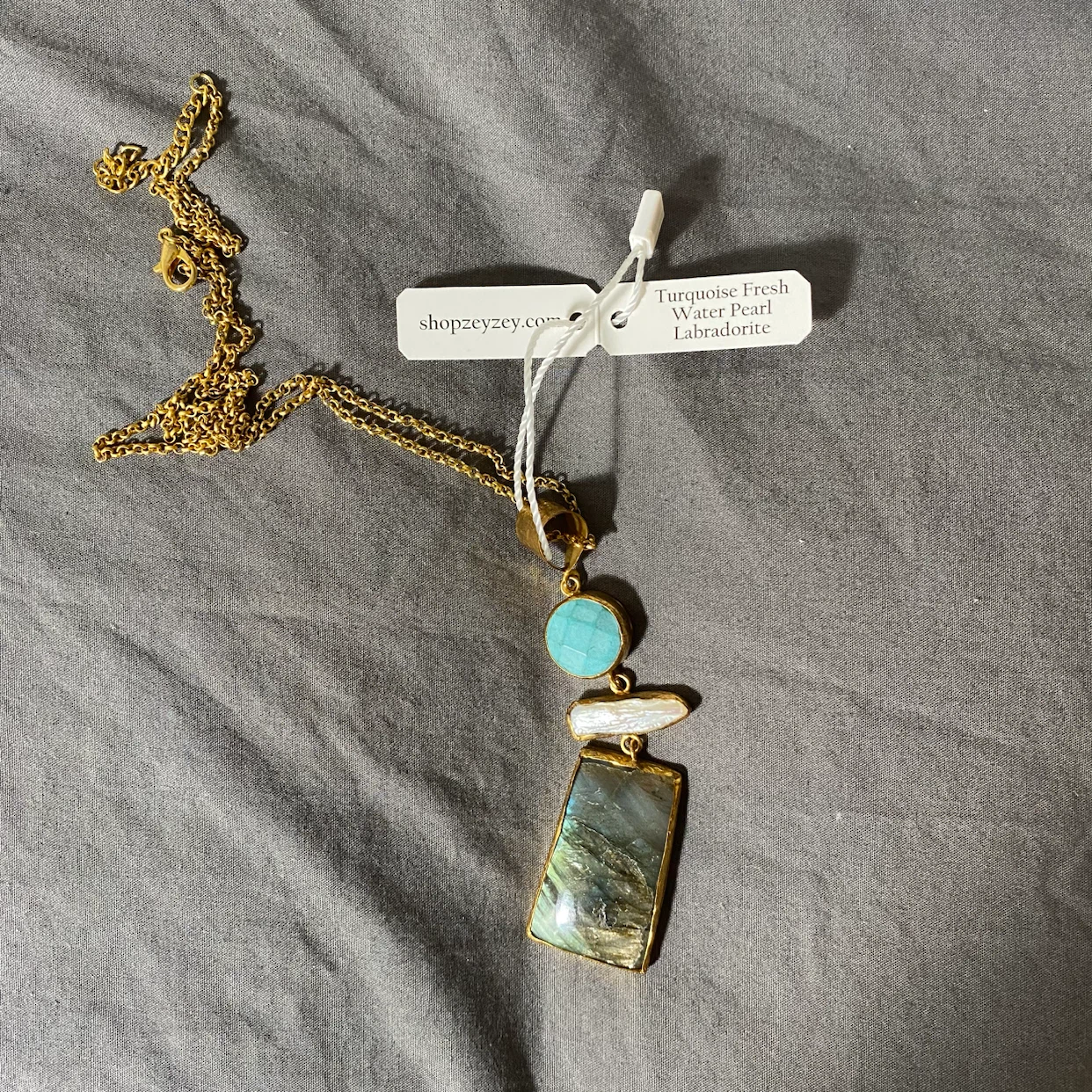 18K Gold Plated Turquoise, Pearl & Labradorite Necklace