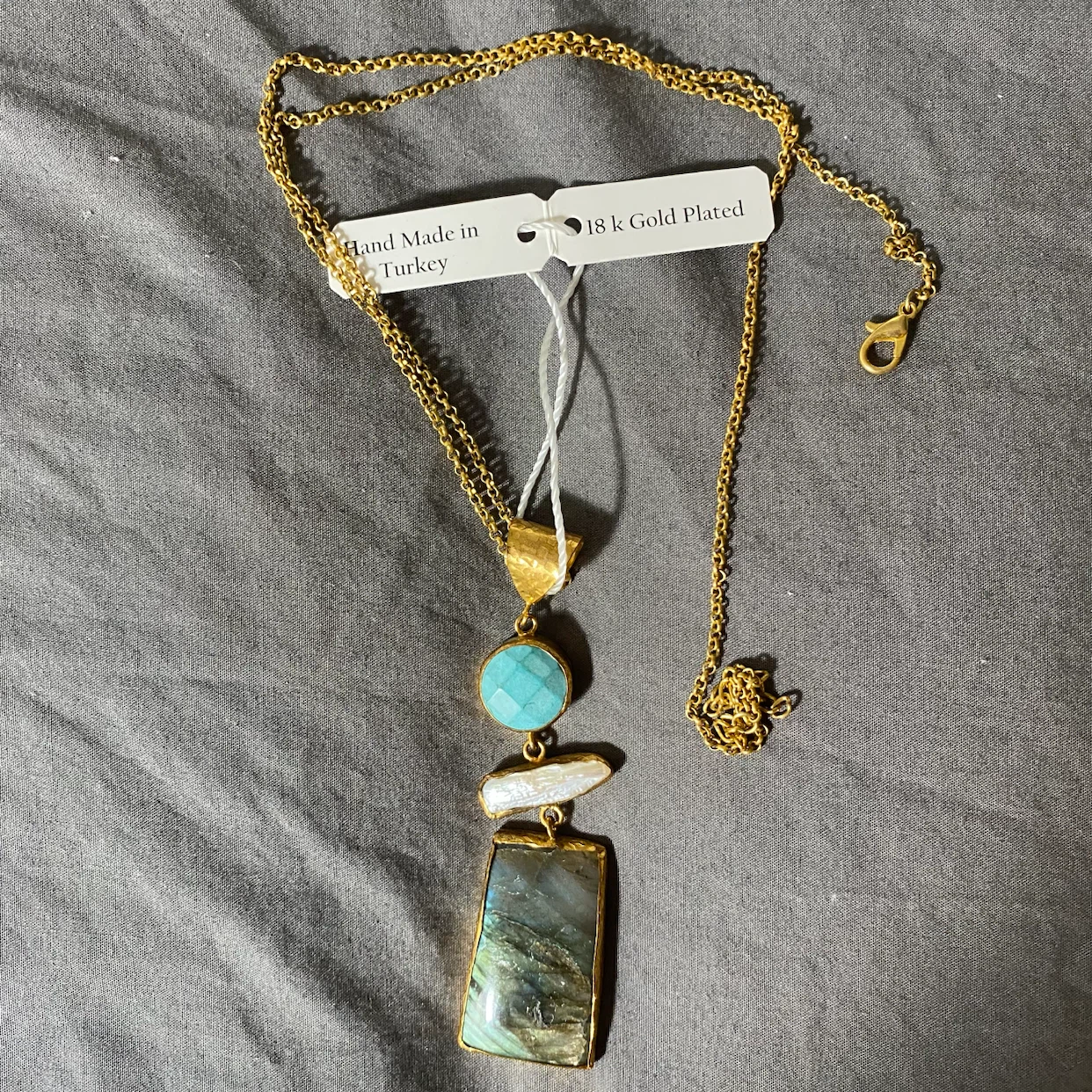 18K Gold Plated Turquoise, Pearl & Labradorite Necklace - photo 2