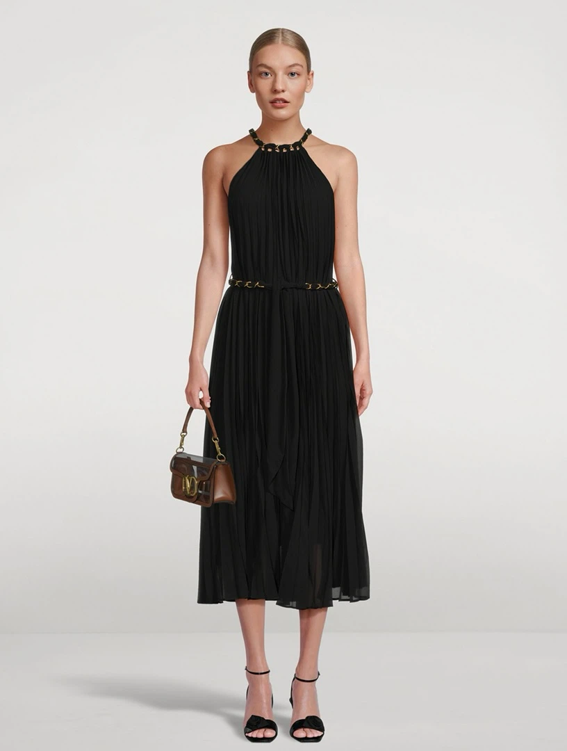 Black Midi Dress with Gold Chain Belt - Size L (also fits M)