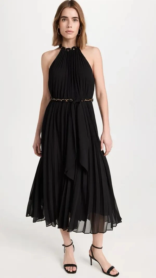 Black Midi Dress with Gold Chain Belt - Size L (also fits M) - photo 2