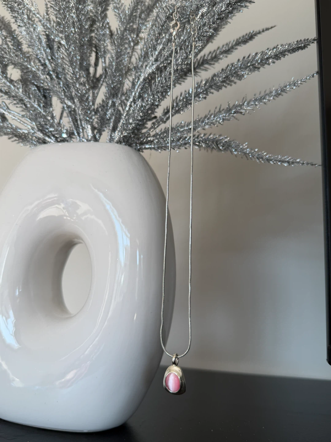 Silver Chain Necklace with Pink Pendant