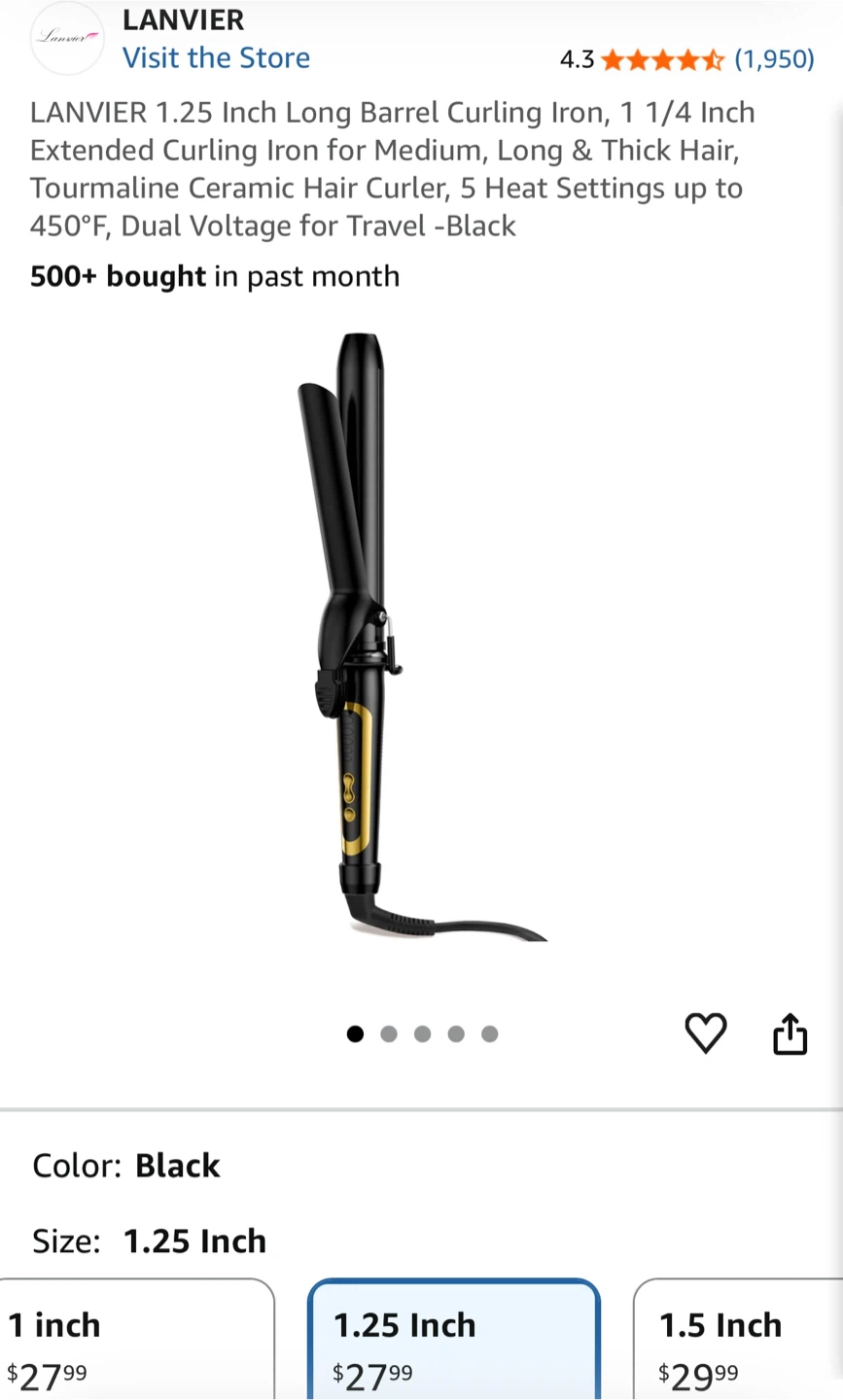 LANVIER 1.25 Inch Long Barrel Curling Iron - Black