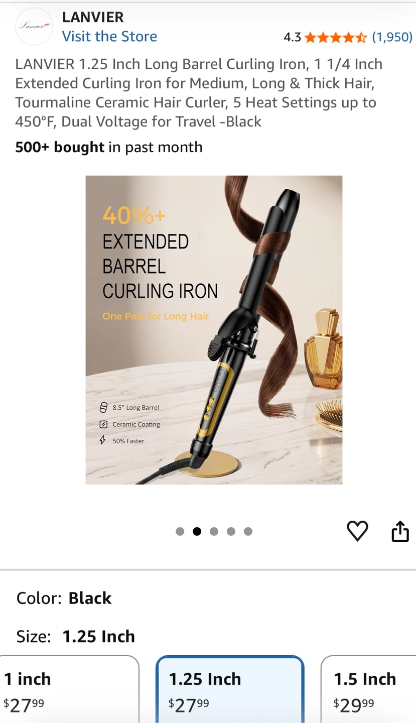 LANVIER 1.25 Inch Long Barrel Curling Iron - Black - photo 2