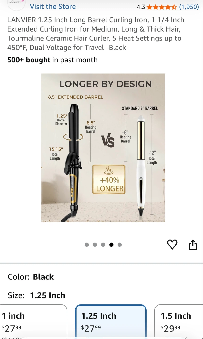 LANVIER 1.25 Inch Long Barrel Curling Iron - Black - photo 3