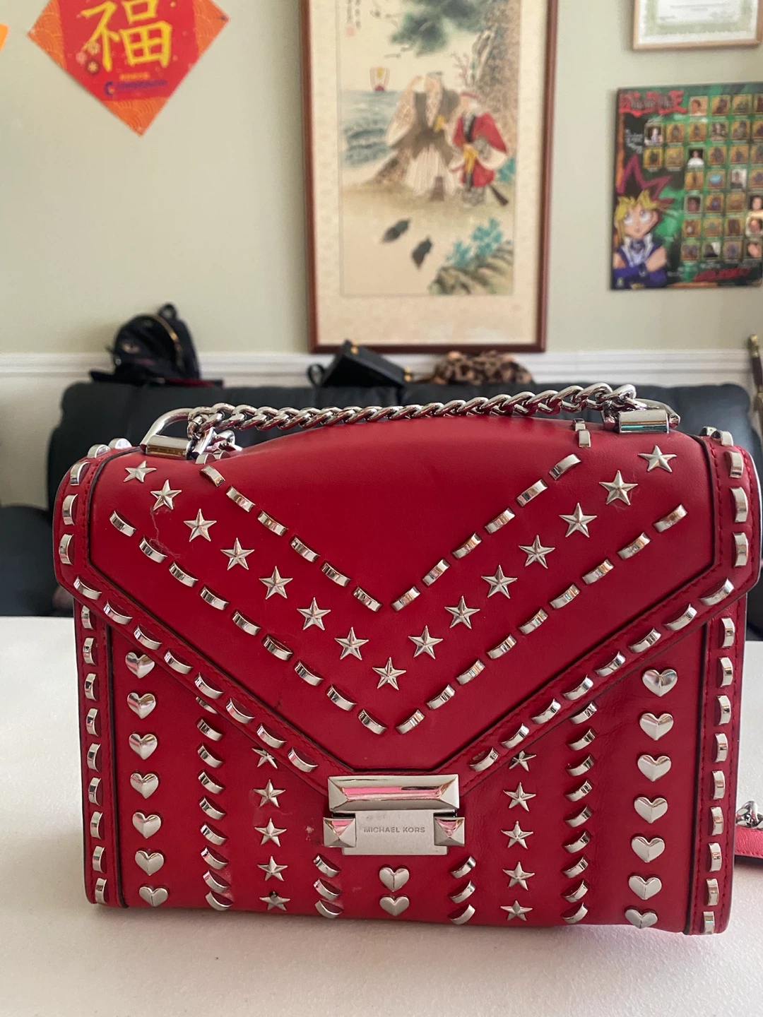 Michael Kors Red Leather Studded Shoulder Bag