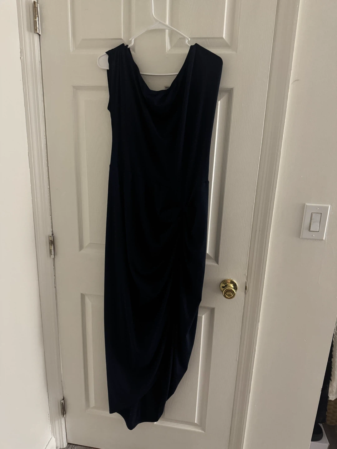 Navy Blue Ruched One-Shoulder Maxi Dress