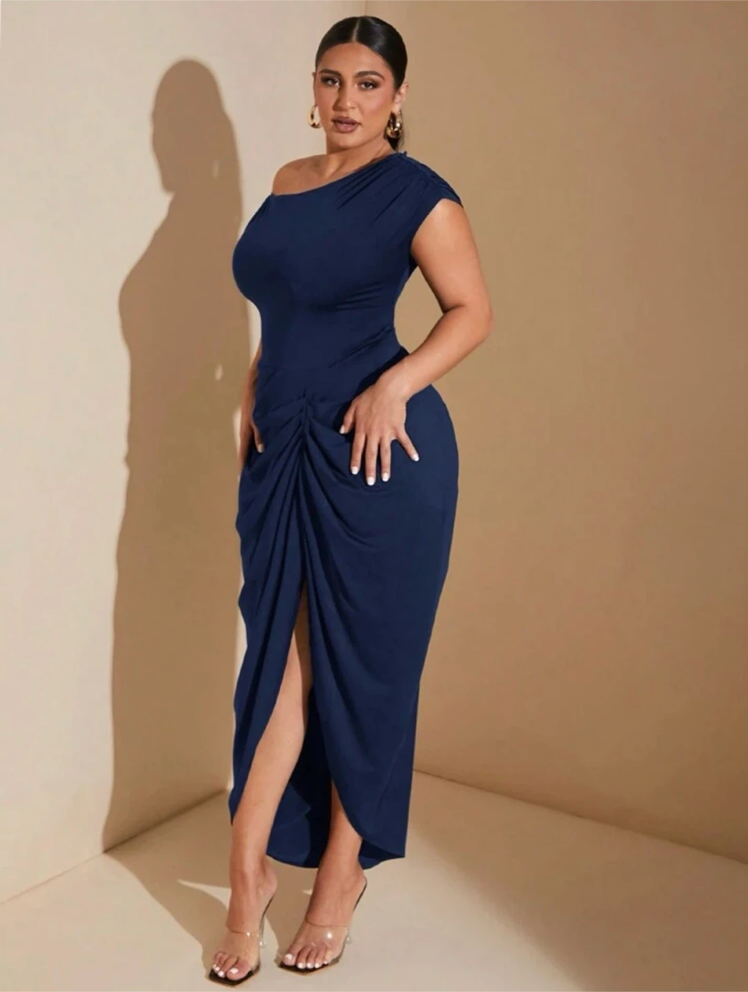 Navy Blue Ruched One-Shoulder Maxi Dress - photo 3