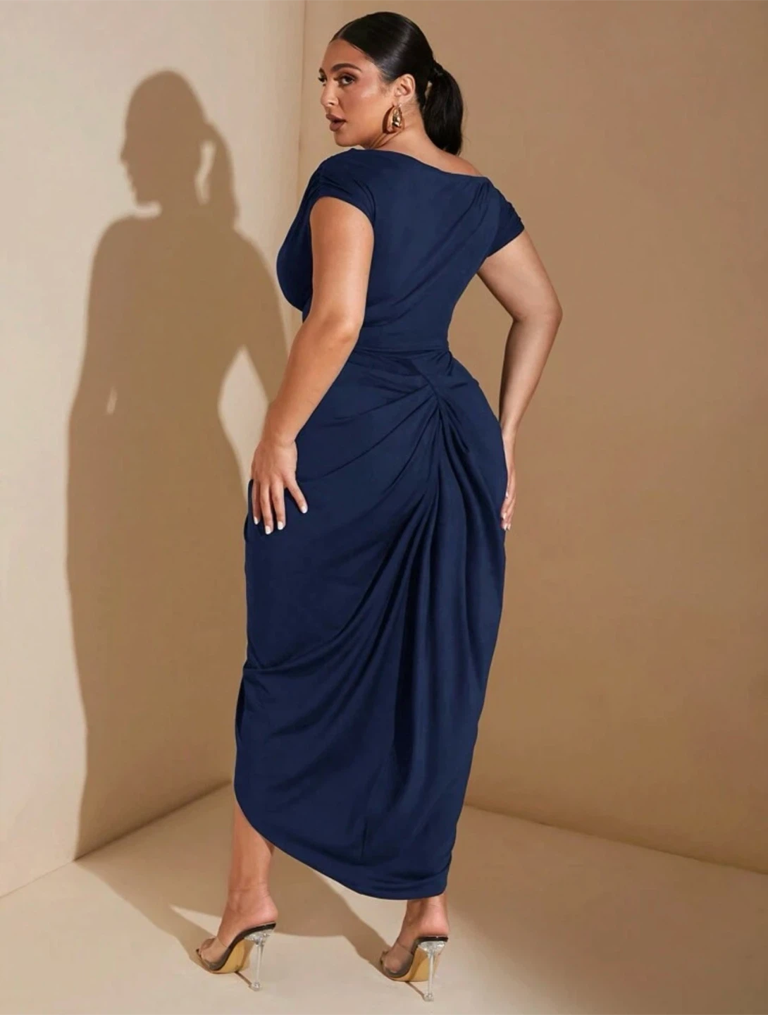 Navy Blue Ruched One-Shoulder Maxi Dress - photo 4