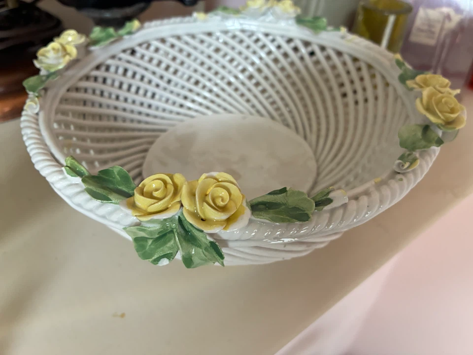 White Ceramic Fruit Basket with Yellow Roses