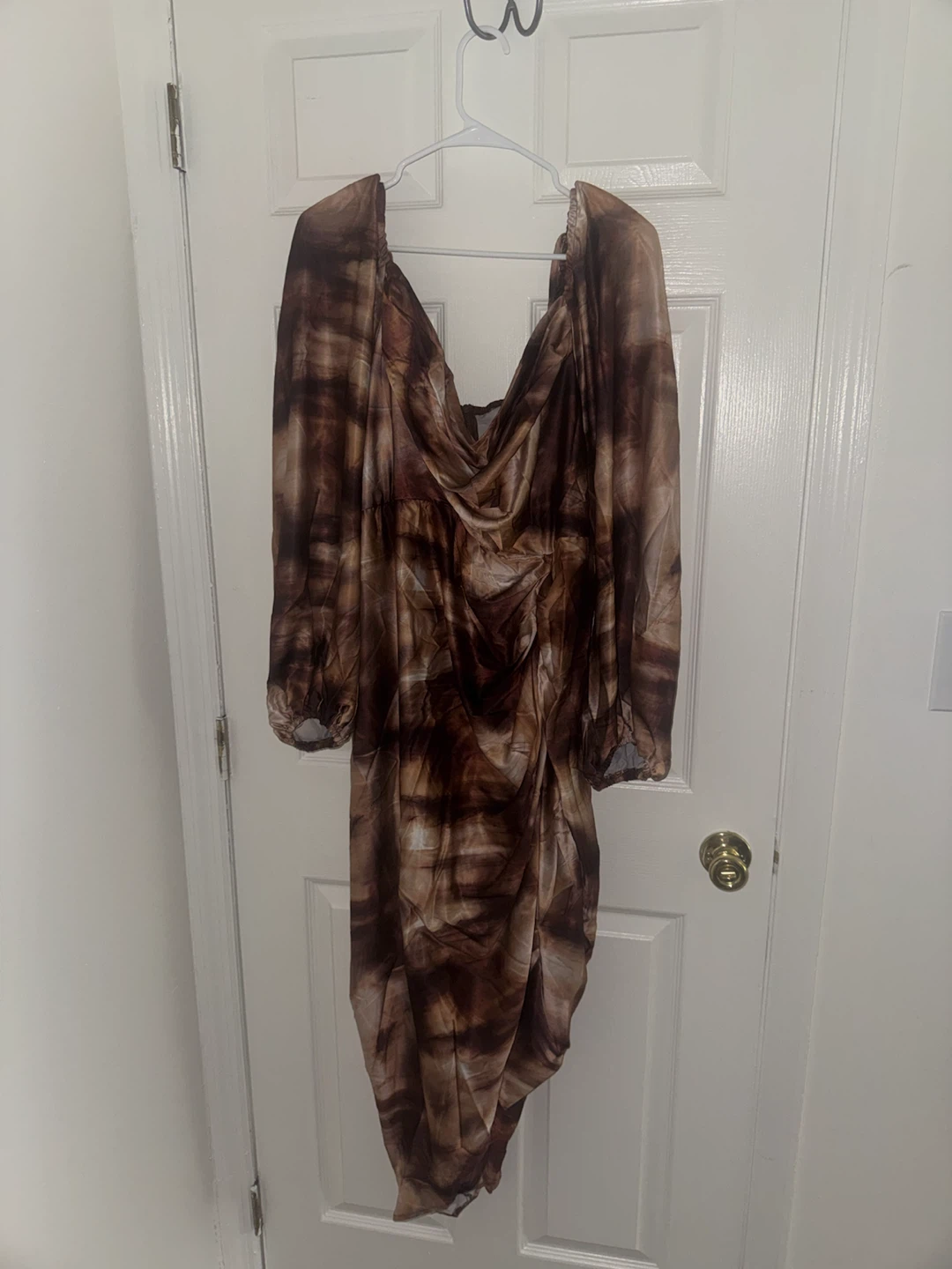 Brown Tie-Dye Ruched Midi Dress