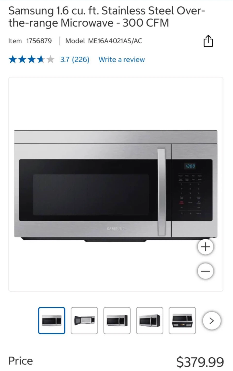 Samsung Stainless Steel Over-the-Range Microwave ME16A4021AS/AC