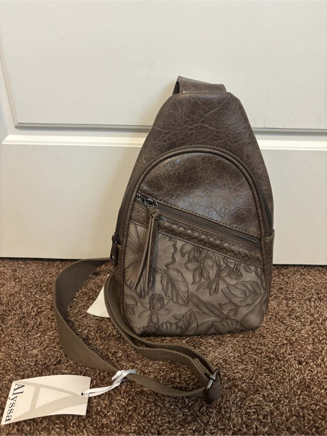 Alyssa Brown Floral Embossed Sling Bag